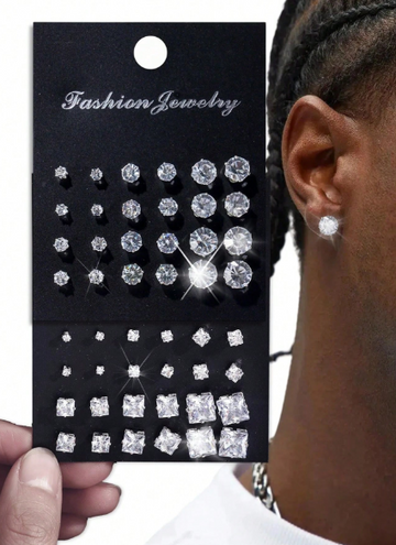 Punk Geometric Circle, Square, Heart Zirconia Stud Earrings