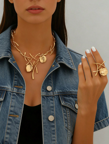 Asymmetrical Geometric  Necklace And Ring Set