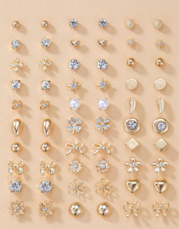 Elegant Minimalist Rhinestone Flower, Heart, Bow Stud Earrings Set