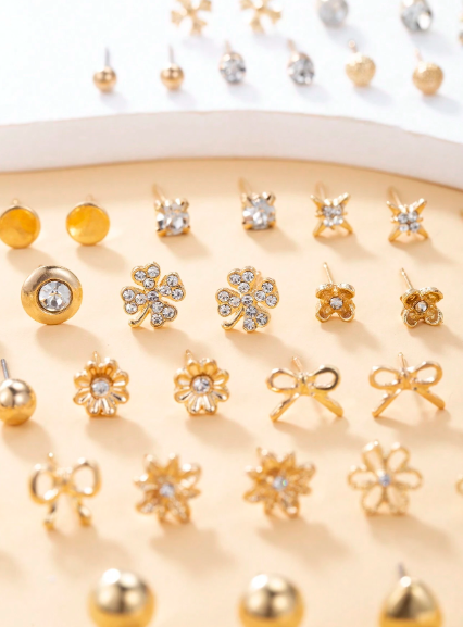 Elegant Minimalist Rhinestone Flower, Heart, Bow Stud Earrings Set