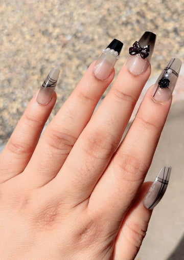 Black Pearl Bow French Tip Press-On Nails