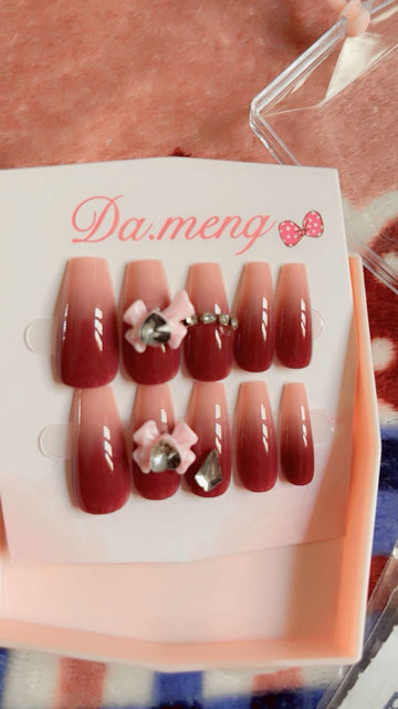 Cherry Ombre Bow Rhinestone Press-On Nails