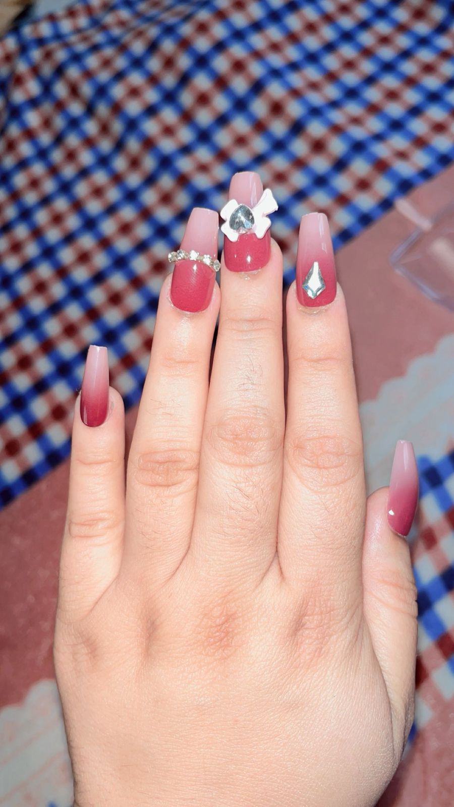 Cherry Ombre Bow Rhinestone Press-On Nails